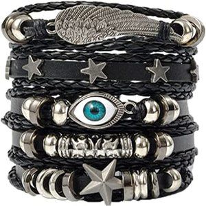 New 5 Piece Women Men Leather Bracelet Black Braided Rope Bracelet Wrist…